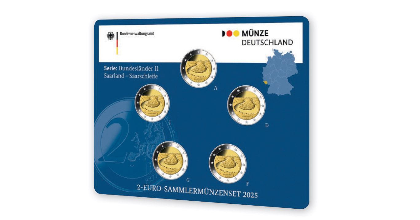 2 euros Allemagne 2025, région de la Sarre :  Saarschleife, set avec les monnaies des cinq ateliers. ©Münze Deutschland