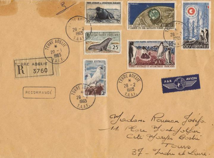 li recommandé de terre Adélie du 20 janvier 1965 pour la France affranchi à 237 F.