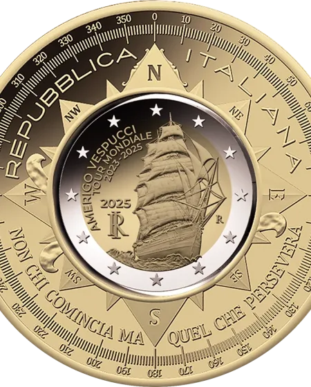 Italie 2025, monnaies de 2 et 10 euros navire Amerigo Vespucci ©IPZS
