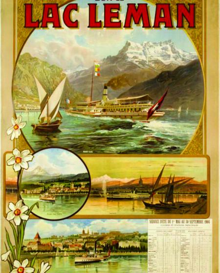 Carte postale illustrée (reproduction récente d’une affiche de 1904) de la Compagnie de navigation sur le Léman, avec un bateau « Belle Epoque » passant à côté d’une fameuse « barque du Léman » (sur le Haut-Lac). Au milieu, vues d’Evian et de Genève, et en bas vue de Lausanne-Ouchy. Au loin, on aperçoit les Dents du Midi. En bas à droite est reproduit un horaire des courses.