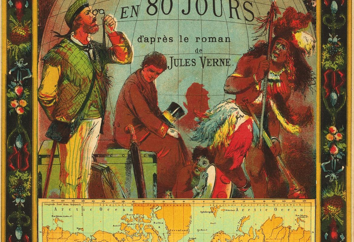 Une annonce imaginaire du voyage autour du monde en 80 jours, composée d'illustrations du 19e siècle.