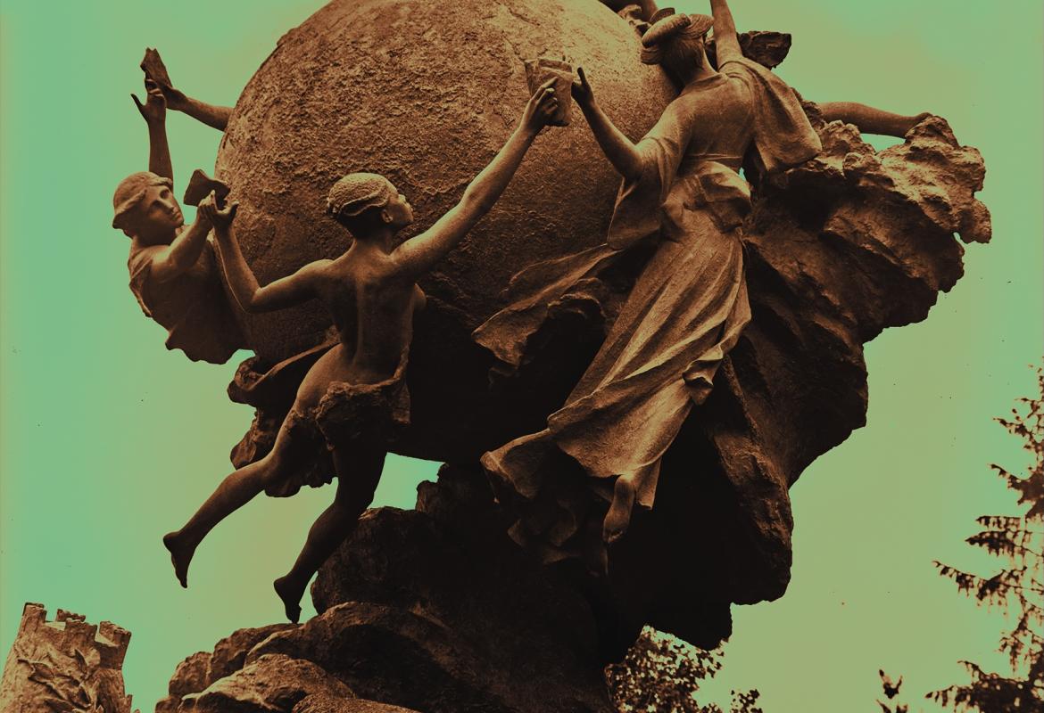 Détail d'une photographie d'Arthur Wehrli (1876 - 1915) montrant le monument de l’Union Postale Universelle ; la photographie a été colorisée par la suite.
