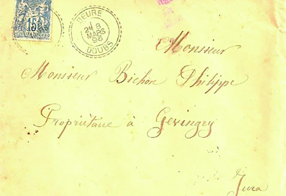 Lettre à destination de Gevinsey dans le Jura, partie de Beure dans le Doubs en mars 1896.