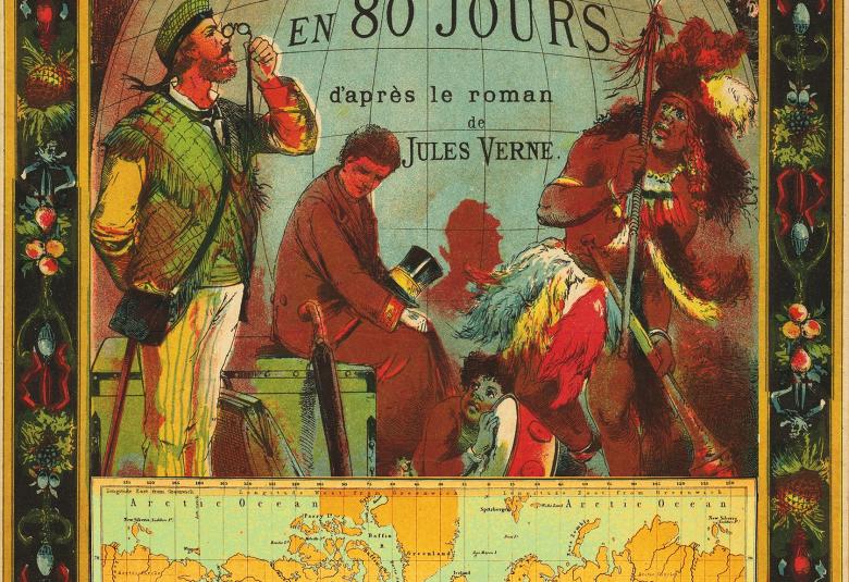 Une annonce imaginaire du voyage autour du monde en 80 jours, composée d'illustrations du 19e siècle.