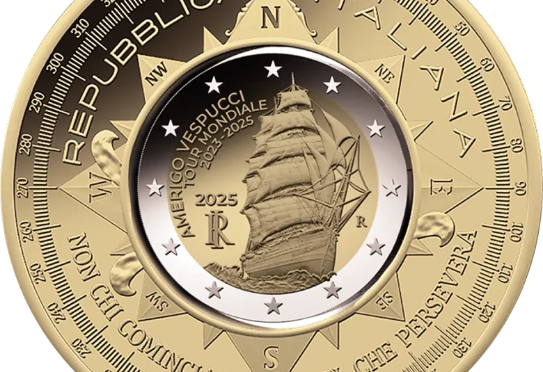 Italie 2025, monnaies de 2 et 10 euros navire Amerigo Vespucci ©IPZS