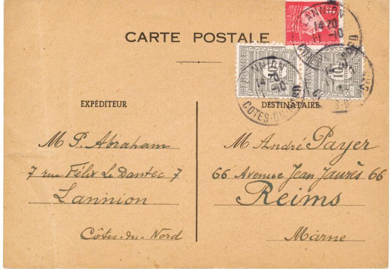 Carte postale affranchie à 1F20 (tarif du 5 janvier 1942). Affranchissement composé Pétain (N°514) et Arc de Triomphe (N°621 en paire).