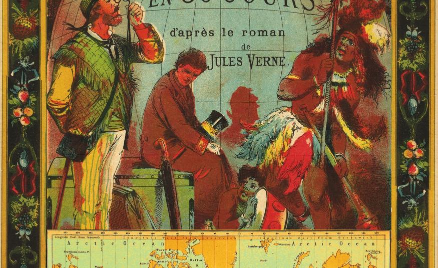 Une annonce imaginaire du voyage autour du monde en 80 jours, composée d'illustrations du 19e siècle.
