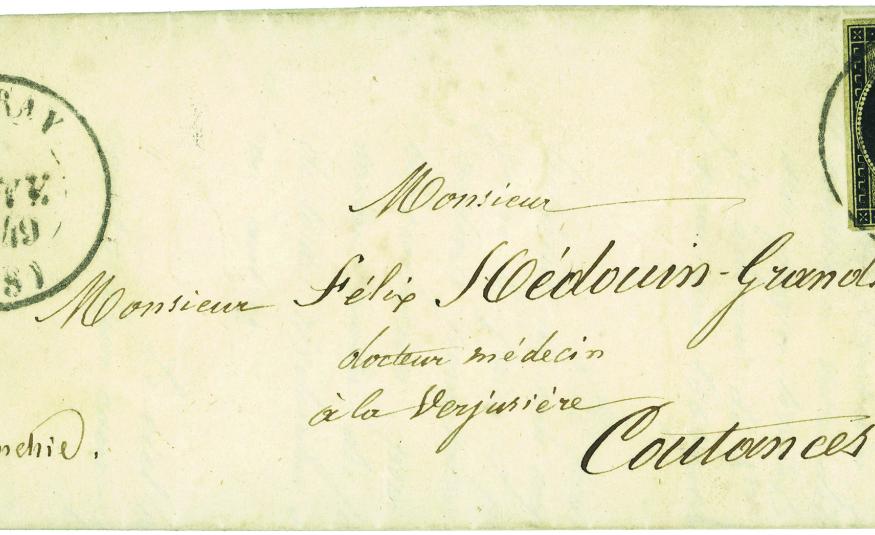 Le timbre à date de Gavray a été apposé deux fois : sur le timbre, pour l’annuler, à la date du 31 décembre 1848 et sur le côté gauche de la lettre à la date du 1er janvier 1849, jour de son expédition.