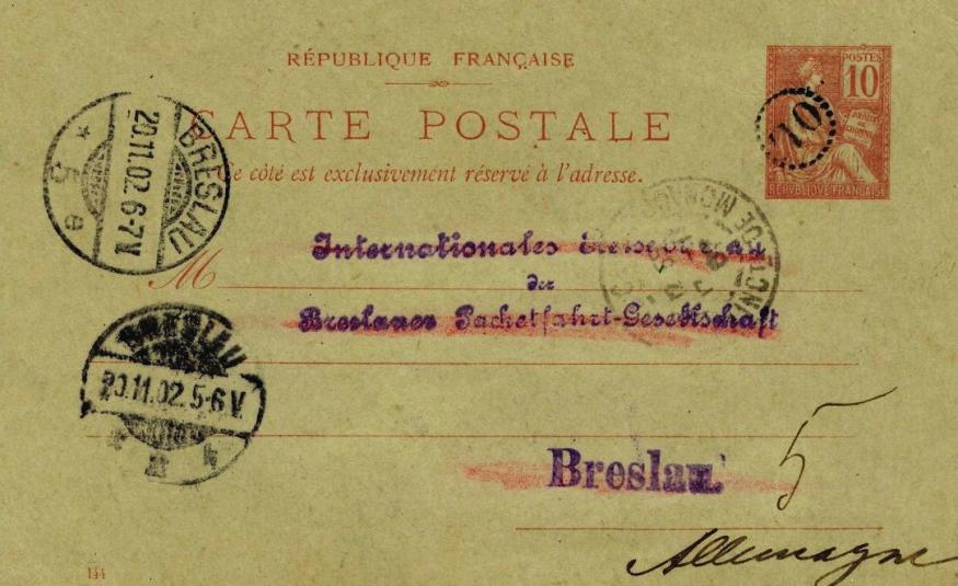 Carte de Monte-Carlo Supérieur avec date «144», oblitérée du 17 novembre 1902 pour Breslau (Allemagne) où elle arrive le 20.