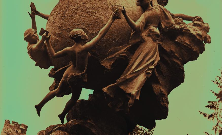 Détail d'une photographie d'Arthur Wehrli (1876 - 1915) montrant le monument de l’Union Postale Universelle ; la photographie a été colorisée par la suite.
