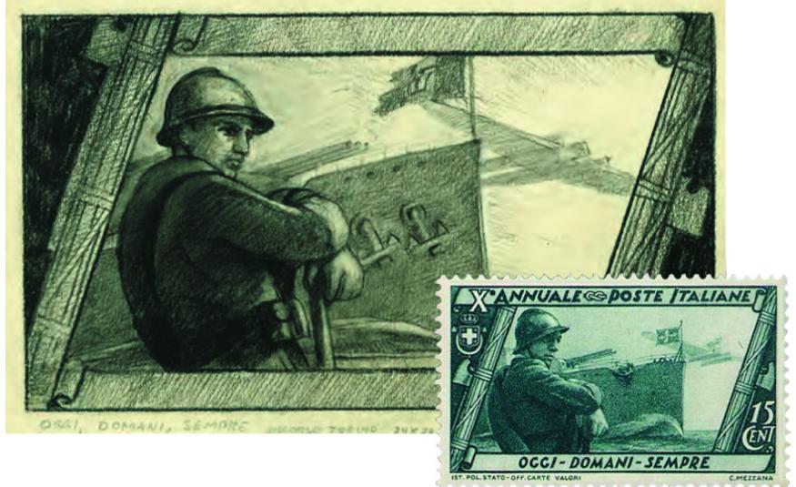 6. Une des vignettes consacrées aux forces armées : le timbre définitif est très fidèle au dessin original de Mezzana, à quelques petits détails près (une ancre au lieu de deux, le pavillon plus visible). La devise se traduit : « aujourd’hui – demain – toujours ».