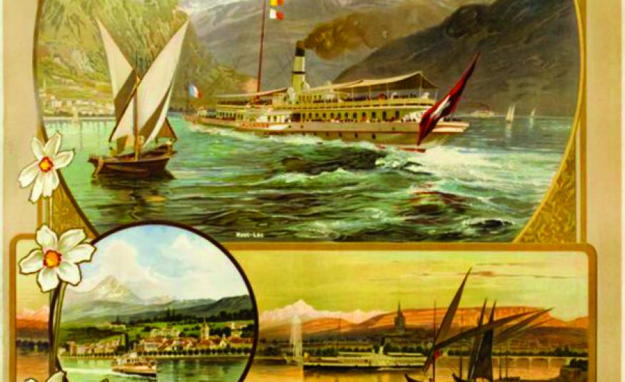 Carte postale illustrée (reproduction récente d’une affiche de 1904) de la Compagnie de navigation sur le Léman, avec un bateau « Belle Epoque » passant à côté d’une fameuse « barque du Léman » (sur le Haut-Lac). Au milieu, vues d’Evian et de Genève, et en bas vue de Lausanne-Ouchy. Au loin, on aperçoit les Dents du Midi. En bas à droite est reproduit un horaire des courses.