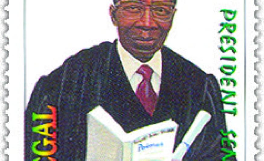 1. Timbre du Sénégal émis en 2003 en mémoire de Léopold Sédar Senghor, tenant un recueil de ses poèmes. 