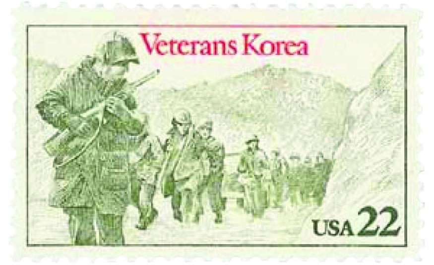 Timbre-poste de la Poste américaine émis en l’honneur des « veterans », les soldats américains ayant combattu pendant la guerre de Corée.