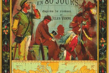 Une annonce imaginaire du voyage autour du monde en 80 jours, composée d'illustrations du 19e siècle.