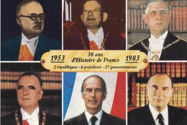 Trente ans d'Histoire de France : "1953-1983", 2 Républiques, 6 Présidents : Vincent Auriol, René Coty, Charles De Gaulle, Georges Pompidou, Valéry Giscard d'Estaing, François ! Mitterrand (Journal "L'Express", 30ème anniversaire. Documentation Française. Photos : Jean-Marie Marcel, François Pages, Paris-Match, Jacques Henri Lartigue, Gisèle Freund).