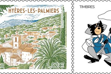 timbre Hyères-les-Palmiers, © création et gravure Nicolas Bical d'après photo : "La vieille ville de Hyères" © Franck Prignet / Figarophoto, création de la vignette Frédéric Hamet 